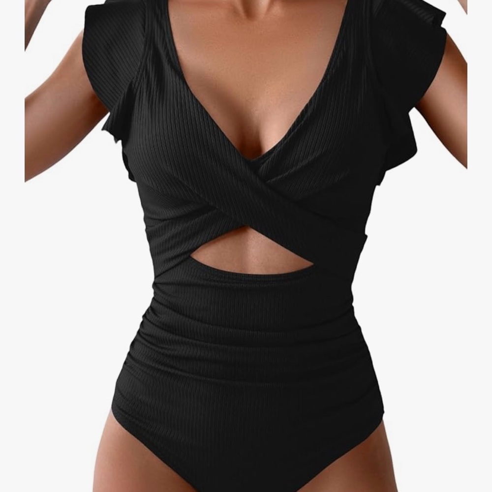 Black One Piece Swimsuit 2XL B2PRITY Ruffle Strap Cutout Tummy Control